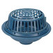A blue Zurn roof drain cover with a metal grate.