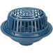 A Zurn cast iron roof drain with a blue plastic drain cover and a low silhouette cast iron dome with holes.