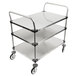 A Metro stainless steel three shelf utility cart.