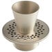 A Zurn polished nickel bronze round metal strainer with holes.