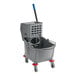 A Lavex grey mop bucket with a blue handle and wheels.