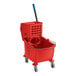 A red Lavex mop bucket with a handle.