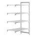A white plastic shelving unit with four white vented shelves.