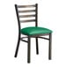 A Lancaster Table & Seating distressed copper ladder back chair with a green vinyl padded seat.