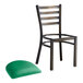 A Lancaster Table & Seating metal ladder back chair with a detached green vinyl cushion.