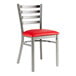 A Lancaster Table & Seating clear coat finish metal ladder back chair with a red vinyl padded seat on a white background.