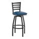 A black metal bar stool with a ladder back design and a navy blue vinyl padded seat.
