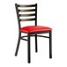 A black metal Lancaster Table &amp; Seating ladder back chair with a red vinyl padded seat.