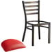 A Lancaster Table & Seating distressed copper metal ladder back chair with a red vinyl padded seat.