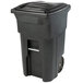 A black Toter rectangular trash can with wheels and a black lid.