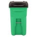 A lime green Toter rollout trash can with a black lid.