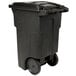 a black garbage can with wheels