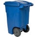 A blue Toter rectangular trash can with wheels.