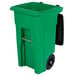 A lime green Toter rectangular rollout trash can with black wheels.