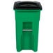 A lime green Toter trash can with a black lid and metal handle.
