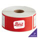 A roll of red TamperSafe labels with customizable text.