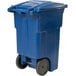 a blue trash can with wheels