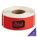 A roll of red TamperSafe labels with customizable text.