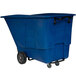 A blue plastic container on wheels.