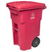 a red garbage can with wheels