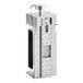 A white ABS plastic wall mounted liquid dispenser with a rectangular bottle and black and silver labels.
