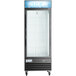 An Avantco black glass door ice merchandiser with a customizable panel.