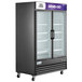 An Avantco black swing glass door freezer with two glass doors.