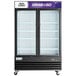 An Avantco black swing glass door freezer.