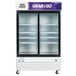 An Avantco white merchandiser refrigerator with glass doors.