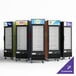 An Avantco black glass door merchandiser freezer with shelves inside.