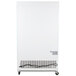 An Avantco white swing glass door merchandiser refrigerator with an open door.