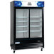 An Avantco black glass door refrigerator with two shelves.