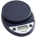 A black electronic scale with a round blue top.