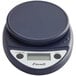 A black electronic scale with a round blue cover.
