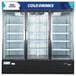 An Avantco black swing glass door refrigerator with three glass doors open.