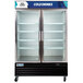 An Avantco black swing glass door refrigerator with LED lighting.