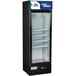 An Avantco black glass door refrigerator with shelves.