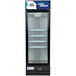 An Avantco black swing glass door merchandiser refrigerator.