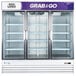 An Avantco swing glass door refrigerator with shelves inside.