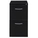 A close-up of a black Hirsh Industries mobile pedestal file cabinet with silver handles.