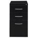 A black Hirsh Industries mobile file cabinet with silver metal handles on the drawers.