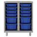 A platinum metal storage cabinet with blue bins on a shelf.