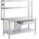 A Regency stainless steel work table with undershelf, drawer, pot rack, and bun pan rack.