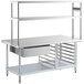 A Regency stainless steel work table with an undershelf and two overshelves.