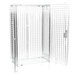 A chrome metal cage with a wire mesh door and a lock.