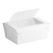 A white paper take-out container with a clear window and a tamper-evident design.