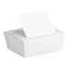 A white paper take-out container with a tamper-evident windowed lid.