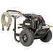 A black Simpson Megashot pressure washer with a hose attached.