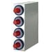 A close-up of a San Jamar stainless steel countertop cup dispenser with red and white knobs.