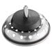 A 3 1/2" metal sink basket strainer with a black rubber base.